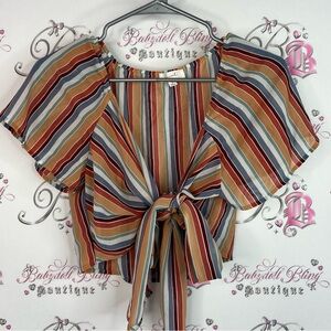 Becaal tshirt tie up ribbon 🎀 front detail now stripes Striped Tie-Front Blouse